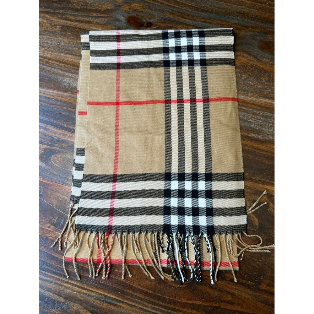 Italy Design Tan Plaid Cashmere Blend Fringe Scarf Classic Check Winter Wrap